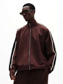 SUMWON Áo khoác thể thao Essentials với sọc bên hông và khóa kéo phía trước, kiểu dáng thường ngày cho mùa đông và mùa thu. - màu nâu - Xem 3