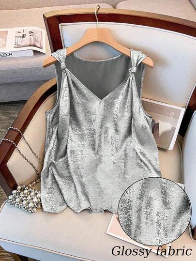 GlowEve CURVE Camisa de verano sin mangas con nudo retorcido y color metálico para tallas grandes