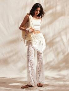 Easelle Vintage Boho Loose Design Embroidered Lace Bodycon Flare Pants For Women Sheer Pants White Flare Pants White Wide Leg Pants - White - View 6