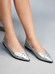 CUCCOO GRLICON Sapatilhas femininas de bico fino com tachas, versáteis e elegantes. - Prata - Ver 3