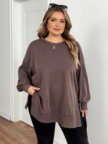 SHEIN CURVE+ Plus Size Solid Color Round Neck Casual Versatile Long Sleeve Sweatshirt Thanksgiving New Year - Brown - View 3