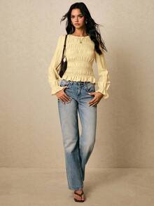 Poéselle Women's Pale Yellow Round Neck Ruffle Flare Sleeve Fashion Elegant Brunch Autumn Blouse - Light Yellow - View 5