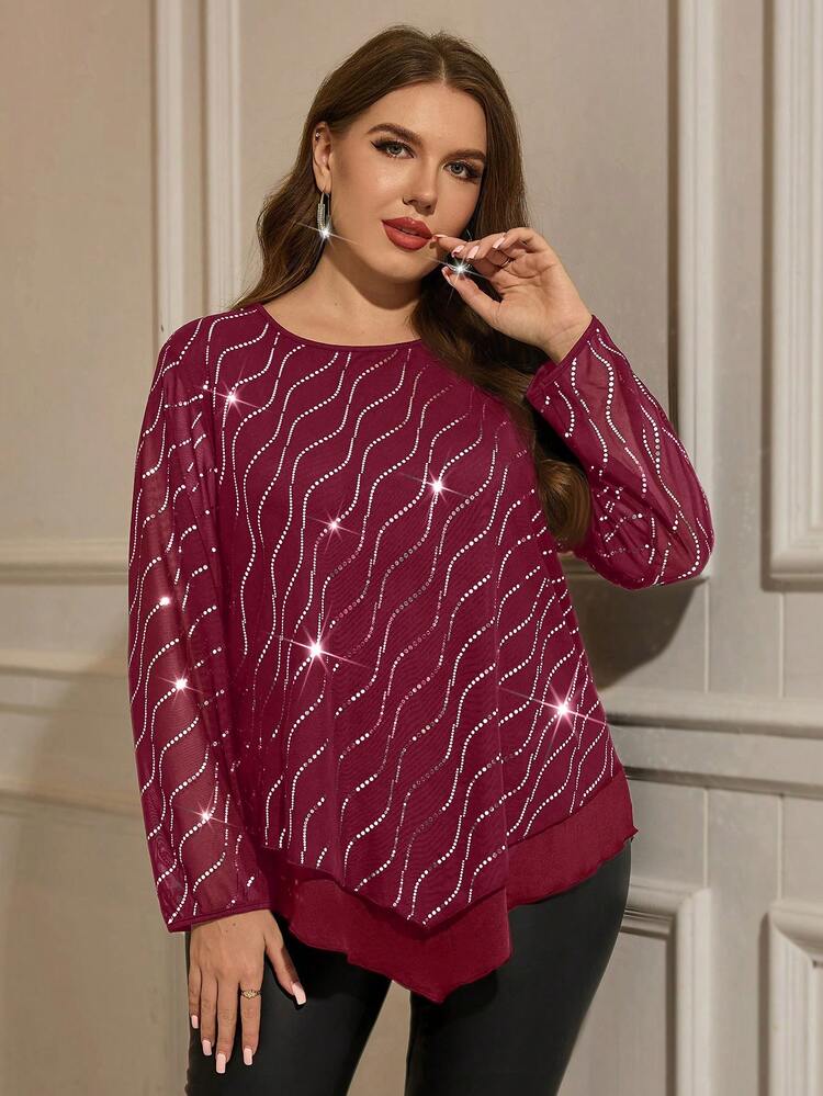 Blouse noire élégante à manches longues, col rond, avec sequins et broderie irrégulière pour femmes grandes tailles. Automne/Hiver