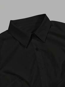 SHEIN Áo sơ mi nữ dài tay cổ bẻ màu trơn, cài một hàng khuy, kiểu dáng thường ngày, đa năng, phù hợp đi làm. - màu đen - Xem 5