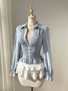 Elamini 女士蓝色弹力褶皱设计小翻领纽扣不对称荷叶边下摆衬衫，甜美浪漫的欧式/法式风格，适合春夏穿着