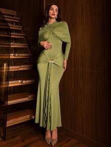 Modelyn Damen Mode elegantes Taillen-Drapierung mit Metall-Dekor V-Ausschnitt 2 in 1 Dekonstriertes Doppellagen Brustgeraffte Langarm Maxikleid, Frühling/Sommer - Grün - Übersicht 1