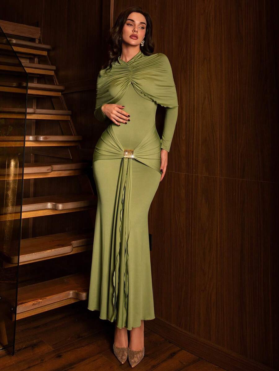 Modelyn Damen Mode elegantes Taillen-Drapierung mit Metall-Dekor V-Ausschnitt 2 in 1 Dekonstriertes Doppellagen Brustgeraffte Langarm Maxikleid, Frühling/Sommer - Grün - Übersicht 1