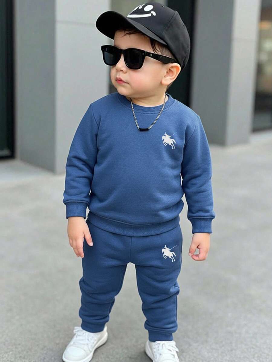 Baby Boy Knitted Soft Casual Classic Knight Pattern Print Crew Neck Pullover Sweatshirt Set, Thick For Autumn/Winter - Dusty Blue - View 1