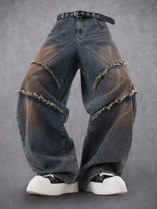 Manfinity Denimwave 复古美式设计流苏层叠水洗宽松阔腿牛仔裤 - 深色水洗藍 - 查看 2