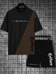 Manfinity LEGND 男士休闲宽松撞色短袖圆领T恤，适合夏季日常穿着 - 棕色 - 查看 2