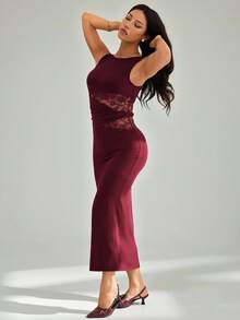 SHEIN PETITE 女士黑色优雅蕾丝拼接真挚长裙，优雅女装，派对女装，新年女装，黑色女装，新年女装，新年派对礼服 - 酒紅色 - 查看 7