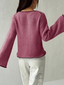 Jeanoix Áo khoác cardigan nữ tay chuông cài cúc phía trước, kiểu dáng thường ngày, chất liệu gân nổi, thích hợp cho mùa Thu/Đông. - Màu Hoa hồng đỏ - Xem 2