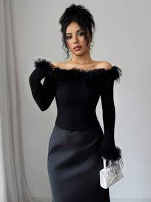 Elenzga 女士优雅时尚通勤休闲舒适迷人复古简约高端温柔淑女圣诞假日派对秋冬露肩拼接毛领袖口纯色针织毛衣 - 黑色 - 查看 4