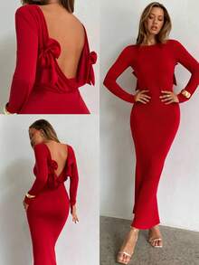 Aloruh Women's Elegant Red Autumn Party Maxi Dress,Christmas Round Neck Backless Bow Decor Fitted Waist Long Sleeve Date Night New Year Birthday Dresses - Red - View 2