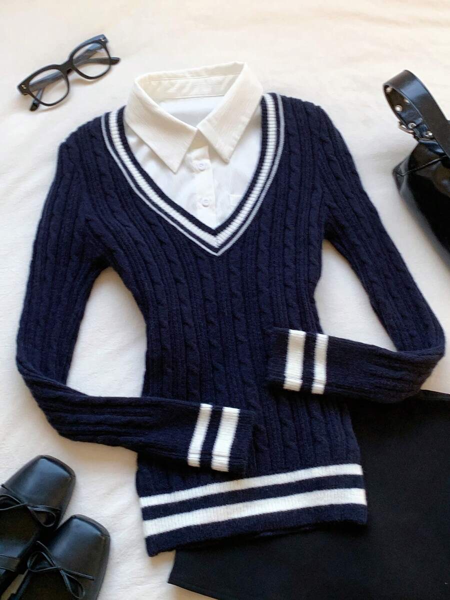 SHEIN EZwear Women V-Neck Long Sleeve Fitted Sweater, Stripe Pattern, Autumn/Winter,Tops For School - Navy Blue - View 1