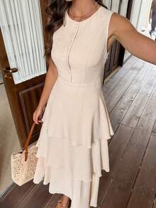 SHEIN Frenchy Women's Solid Color Round Neck Layered Sleeveless Dress Summer - Apricot - View 6
