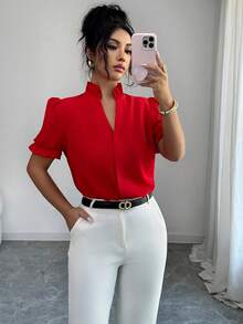 Elenzga 女士优雅通勤纯色翻领衬衫，夏季 - 紅色 - 查看 4