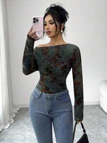 Rafferiza 女士时尚植绒褶皱喇叭袖修身复古上衣 - 彩色 - 查看 5