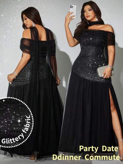 Viva Relle Plus Size Women's New Off-Shoulder Ruffle Dress, Off-The-Shoulder, Party, Elegant, Formal Women Dresses, Evening Dress, Romantic Dress, Knit Patchwork Mesh Maxi Dress, Bodycon Fit Dress, Party Gala Dress Curve Formal Evening Gown Plus Size Black Formal Dress Gowns Glamorous Dress Black Glitter DressPlus Size Black Off The Shoulder Contrast Mesh Bodycon Formal Party Dress With Glittery Fabric And Flared Hem Long LengthPlus Size Black Bodycon Off Shoulder Long Dress For Parties And Formal Events W