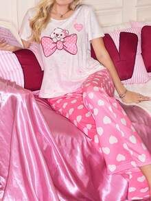 Cute Bow Panda Heart Pajamas, Romantic Pink Girly Pajama Set, Lovely Ladies Sleepwear Set - Multicolor - View 5