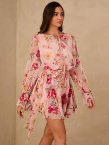 Enchnt Women's Blush Pink Floral Print Mini Dress,3D Rose Decor Tie-Up Long Sleeve Boho Sweet&Elegant Garden Party Holiday Autumn Spring Clothes - Pink - View 7