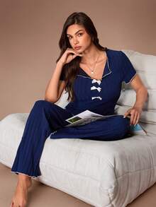 SHEIN 2pcs Bow Contrast Rib Knit Fitted Women Pajama Set - Navy Blue - View 6