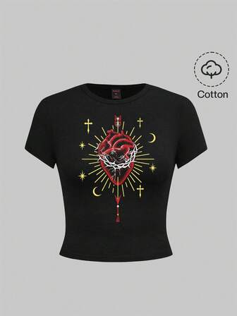 Gothic Palast Dunkel Herz Sonne & Mond Grafik Schwarz Slim Fit Kurzarm T-Shirt für Frauen