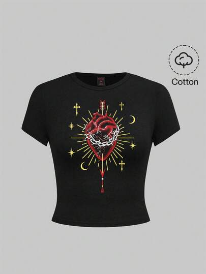 T-shirt slim à manches courtes pour femmes avec graphique gothique de cœur sombre, soleil et lune