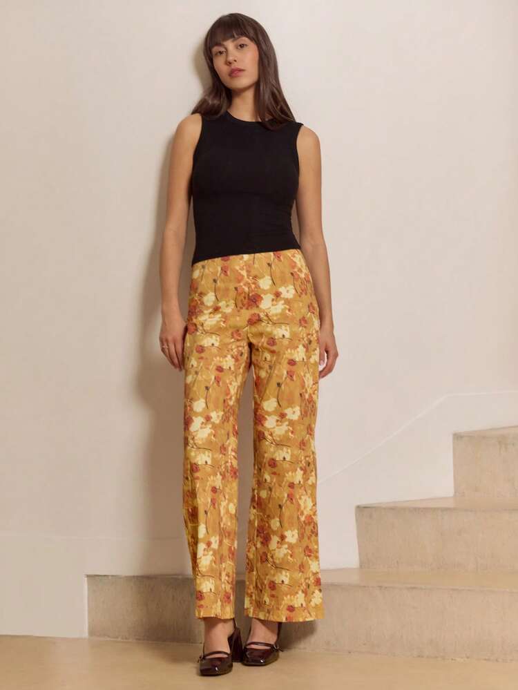 Braune Hose mit weitem Bein und hoher Taille im Vintage-Stil mit Blumenmuster