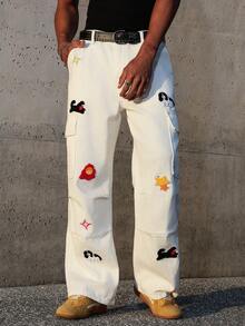 Manfinity EMRG Herren Jeans mit Cartoon Hund Grafik, Cargo Tasche und lässigen Falten - Weiss - Übersicht 5