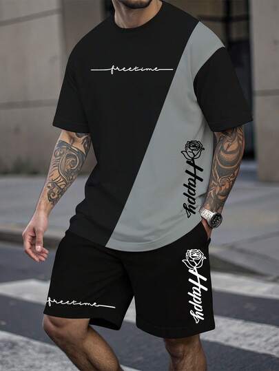 Manfinity LEGND Men's Contrast Color Print Round Neck Short Sleeve T-Shirt And Shorts Set