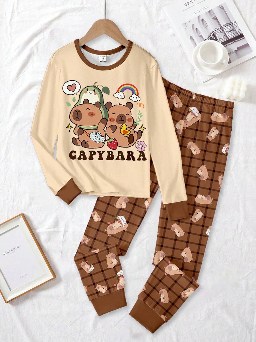 2件套女童可爱休闲日常棕色水豚卡通图案圆领针织套头卫衣和打底裤柔软弹力家居服套装 - 彩色 - 查看 1