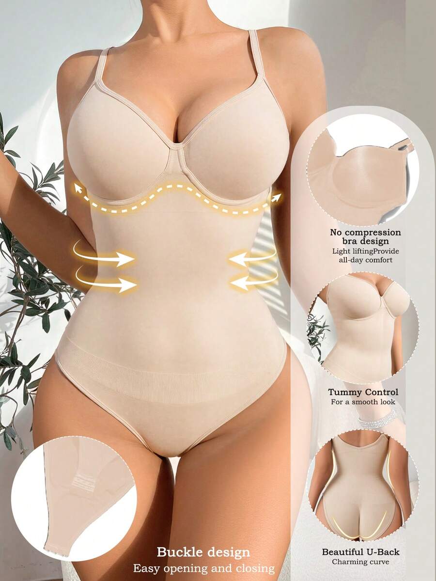 SHEIN 1件装女士无缝固定罩杯吊带连体衣，带束腰带，显瘦 - 杏色 - 查看 1