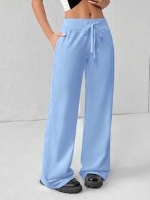 SHEIN PETITE 舒适休闲纯色针织低腰阔腿女式运动裤 - 淺藍色 - 查看 7