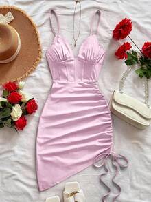 Soleia 女士红色针织V领鱼骨腰褶皱不对称下摆迷你吊带裙，度假款 - 粉色 - 查看 5