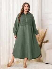 Lacomfia Maxikleid im Arabischen Stil mit langen Ärmeln und einfarbigem Design, Große Größen - Grün - Übersicht 4