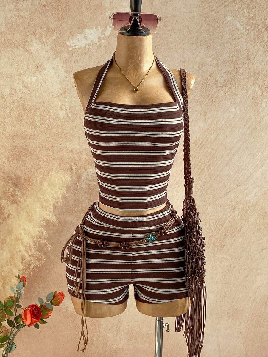 Soleia Bộ đồ 2 món gồm áo hai dây và quần short kẻ sọc nâu dành cho nữ. - Nhiều màu - Xem 1