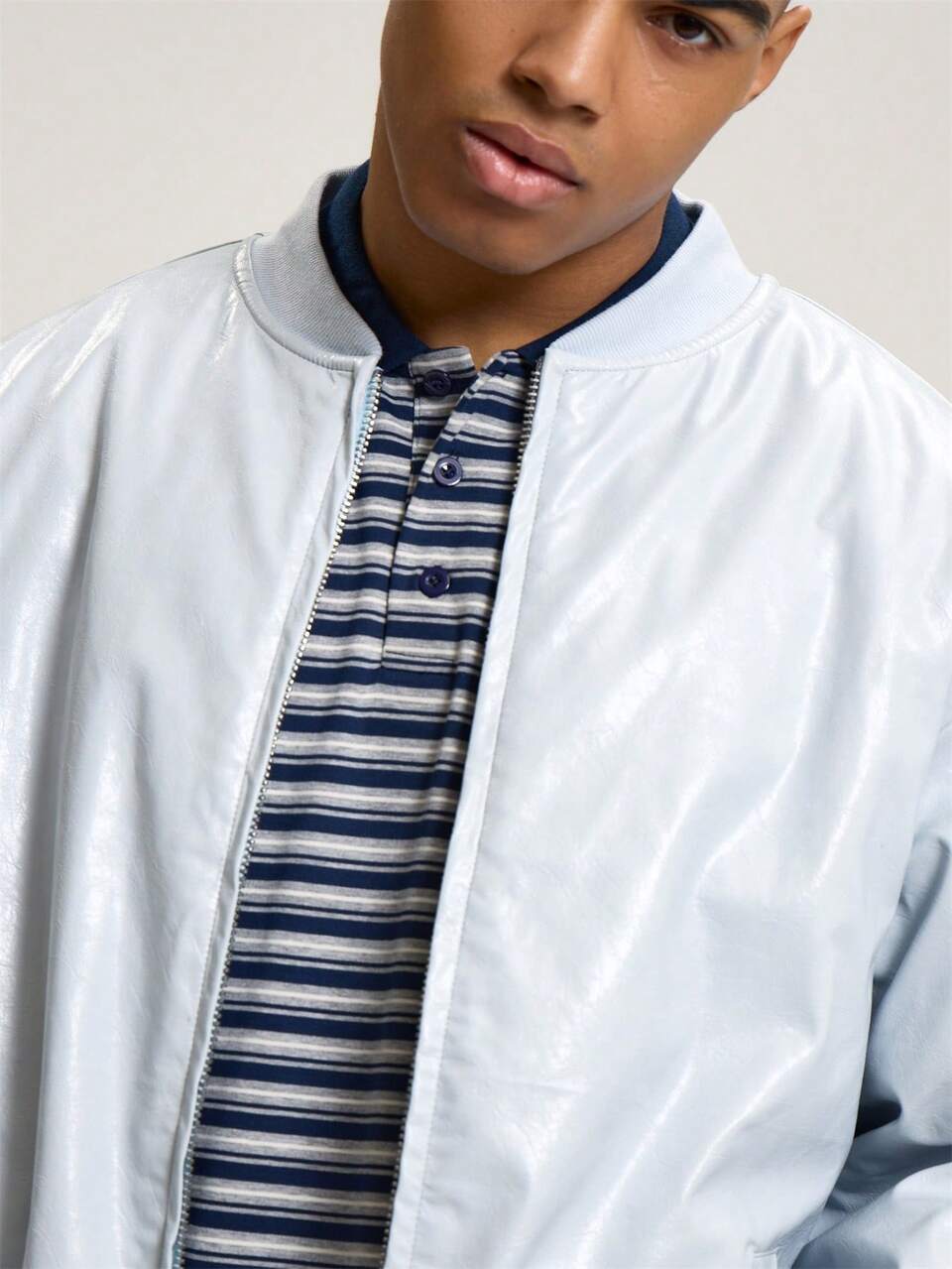 Oversized Fit Bomber Hoodless Collarless Zip Through Jackets Essentials Layering Spring&Summer