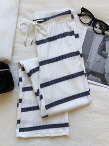 SHEIN EZwear 女士休闲前系带条纹裤，简约风格