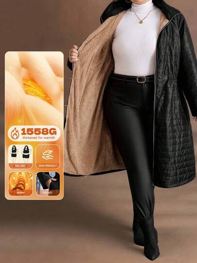SHEIN CURVE+ Extra Large Winter Thickened Plush Warm Black Hooded Plush Women's Cotton Jacket/2026 /New Year