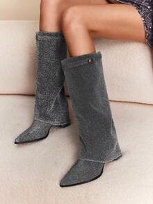 Daringsoles Women's Pointed Toe Shiny Buckle Design Fashion Daily Wear Versatile High Heel Knee-High Boots - Grey - View 9