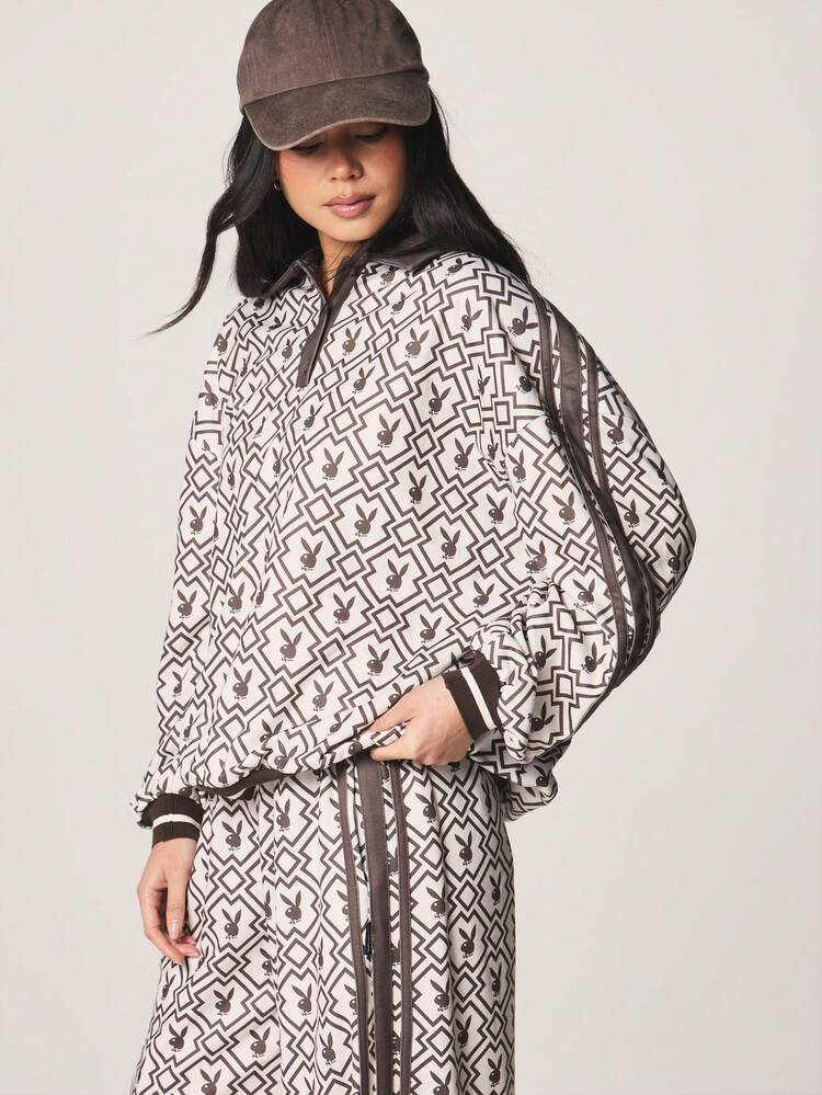 Missguided x Playboy Oversized Geometrischer Hasen Muster Langarm Sweatshirt mit Kragen Braun Muster Design