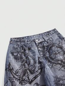 ROMWE Grunge Punk Nautical Punk Ocean Element Print Loose Wide-Leg Jeans