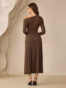 Modelyn Women's Elegant Casual Party Knitted Ruched Patchwork Asymmetrical Collar Coffee Color Dress, Autumn/Winter - Coffee - View 3