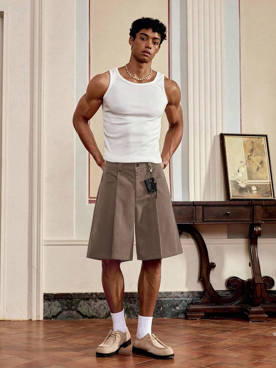 SWAVVY Quần short nam dệt kim dáng rộng màu trơn, bộ áo ba lỗ nam và quần short nam, quần áo nam, quần short xếp ly nam, bộ quần short nam, áo ba lỗ nam, trang phục không tay nam, trang phục không tay nam, quần áo nam, quần short nam. - màu nâu - Xem 1