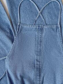 Comfortcana 女士纯色吊带无袖牛仔连体裤 - 淺色水洗藍 - 查看 5