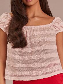 Athîral Women's Casual Striped Raglan Short Sleeve Knit Top,Pink Knitted A-List Top With Small Sleeves, Soft Knitted Fabric, Pink Striped Top,Valentine Clothes,Valentine's Day Outfit,Pink Top - Baby Pink - View 5