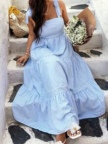 Sunnyshic Vestido de tirantes elegante y holgado con estampado de rayas, estilo de vacaciones en la playa - Azul - Ver 7