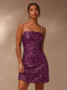 Glamine 女士时尚亮片吊带迷你连衣裙，夏季 - 酒紅色 - 查看 8