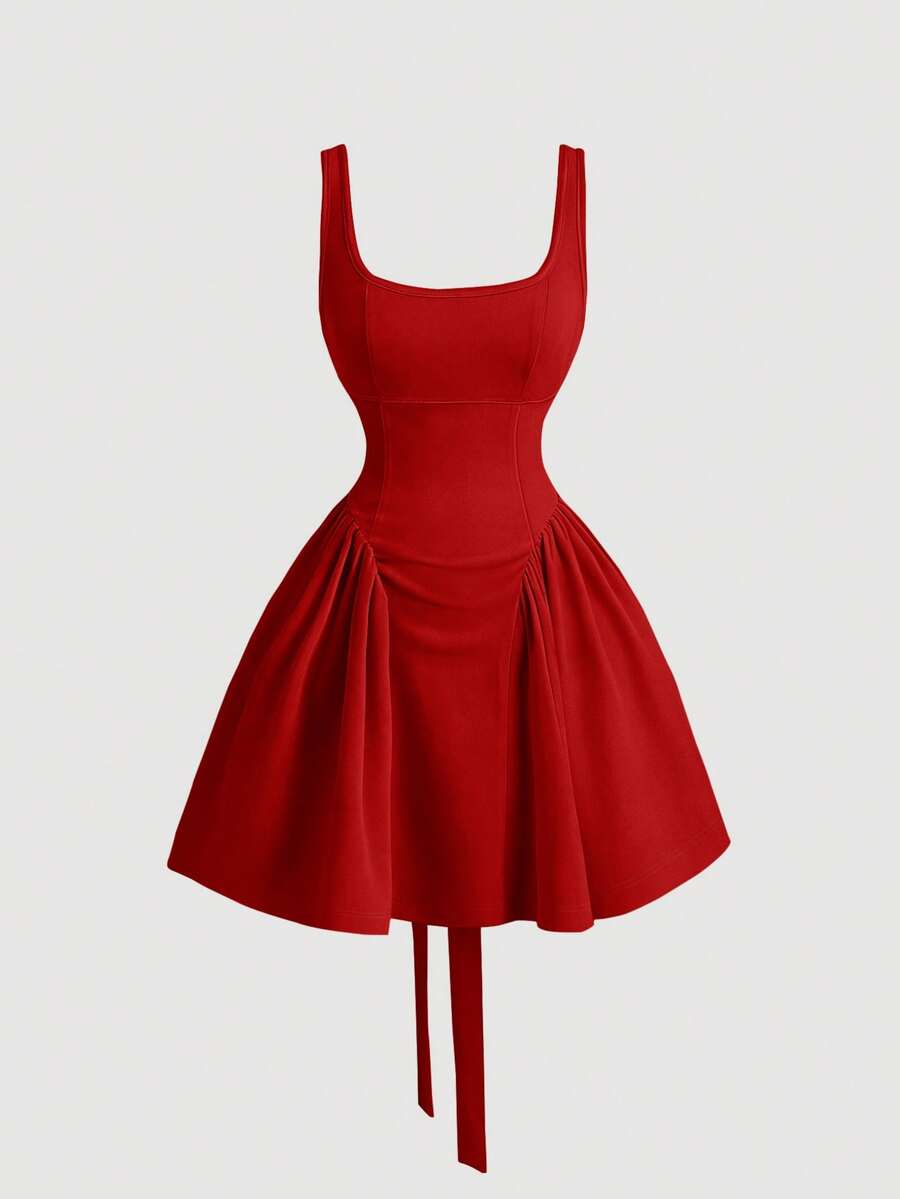 SHEIN MOD 女士休闲优雅露背蝴蝶结荷叶边无袖连衣裙，红色 - 彩色 - 查看 1
